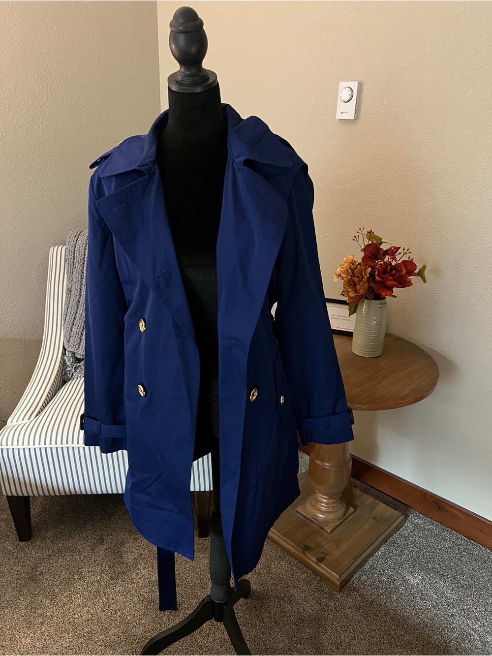 MICHAEL Michael Kors Navy Double-Breasted Trench with Gold Buttons